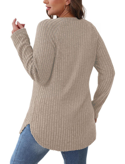 Women's Ribbed Long Sleeve Tunic Top Curved Hem Crew Neck