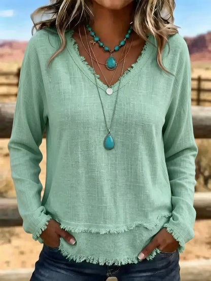 Women's Frayed Hem V-Neck Long Sleeve Casual Top