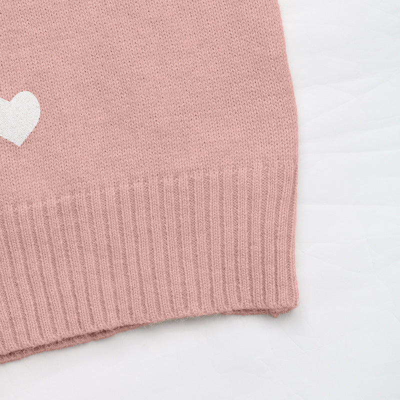 Heart Print V Neck Knit Sweater Casual Valentine Pullover