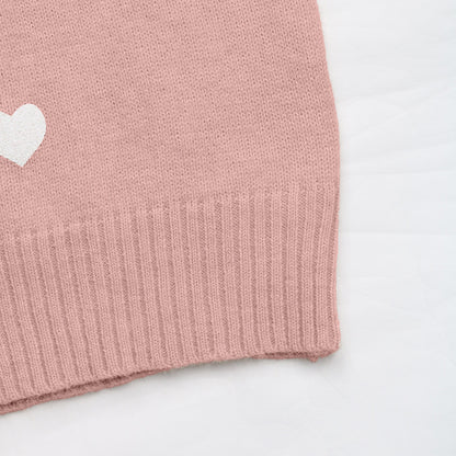 Heart Print V Neck Knit Sweater Casual Valentine Pullover