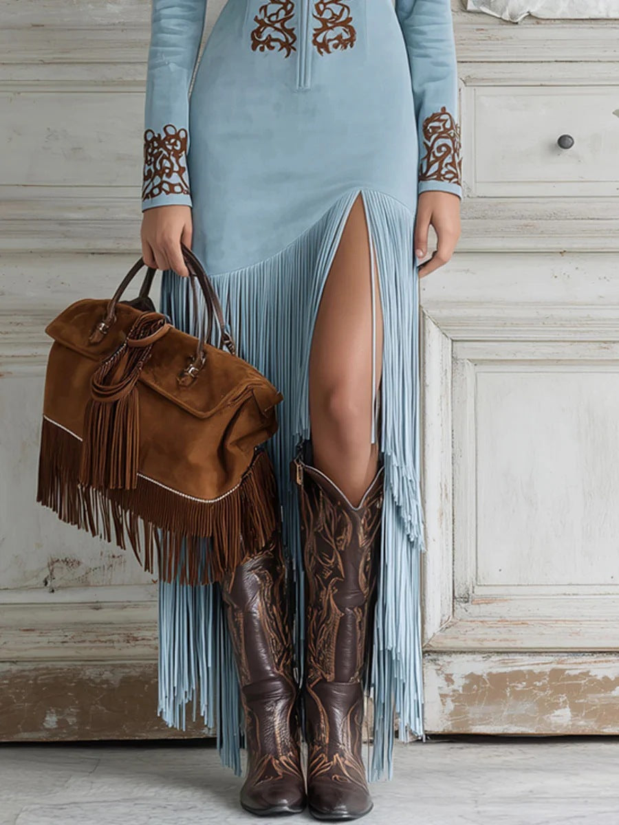 Women's Western Suede Fringe Maxi Dress Embroidered Zip-Up