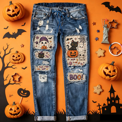 Women's Halloween Patch Jeans Distressed Straight Denim