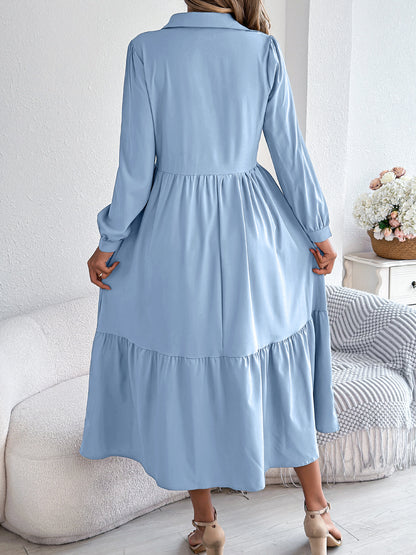 Collared Long Sleeve Tiered Shirt Dress