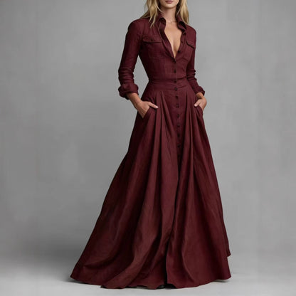Women's Long Sleeve Collared Maxi Dress A-Line with Pockets