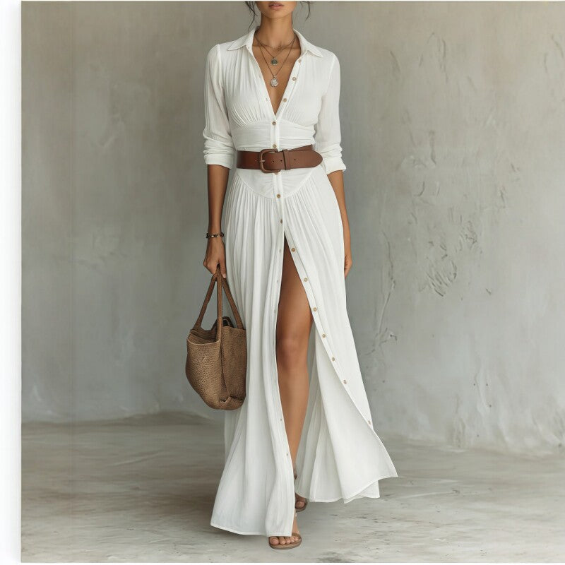 Belted Pleated Shirt Dress Front Slit Maxi Dress