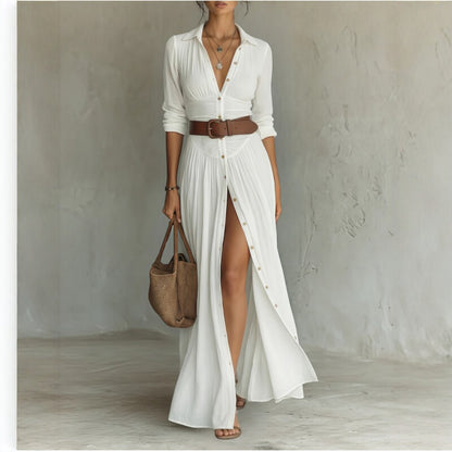 Belted Pleated Shirt Dress Front Slit Maxi Dress