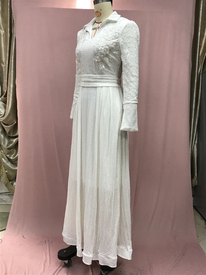 White Lace Floral Maxi Dress Long Sleeve Vintage Formal