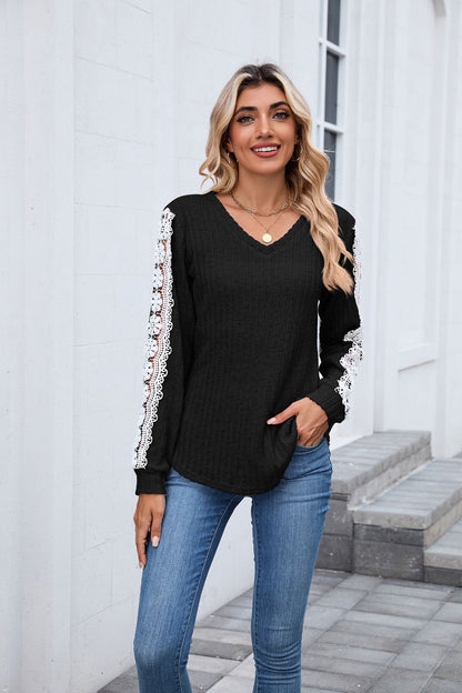 Women's V Neck Lace Long Sleeve Tunic Top