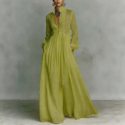 Elegant Vintage Maxi Dress Long Sleeve A-Line Button Down