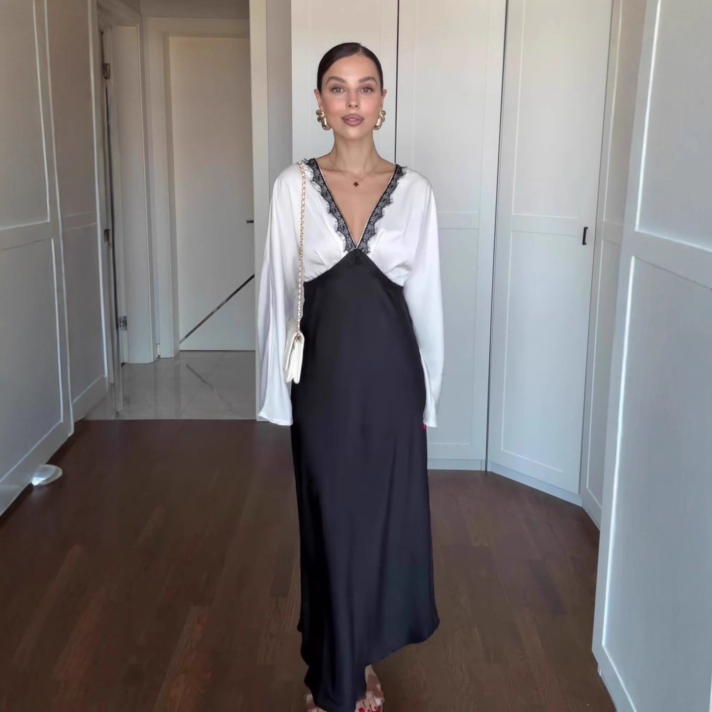Satin Maxi Dress Lace Trim V-Neck Long Sleeve