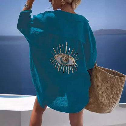 Evil Eye Long Sleeve Oversized Button Down Shirt