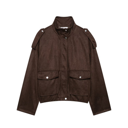 Women's Oversized Faux Suede Bomber Jacket Vintage