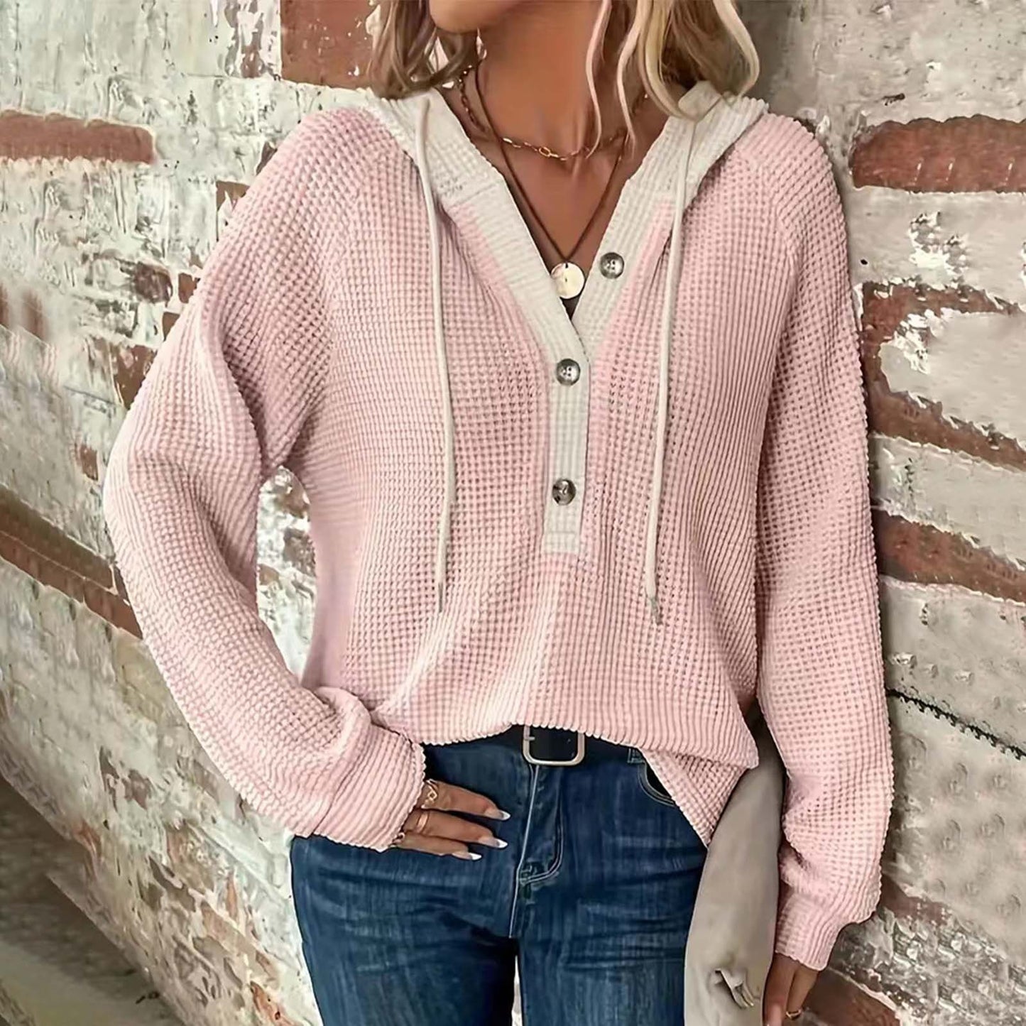 Women's Waffle Knit Color Block Henley Hoodie Long Sleeve