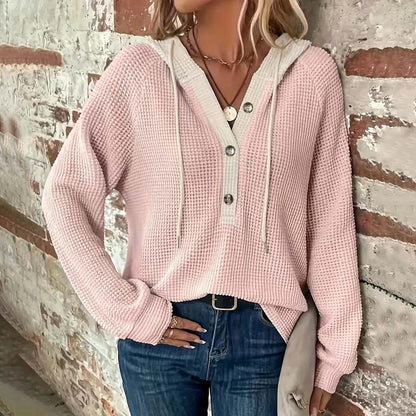 Women's Waffle Knit Color Block Henley Hoodie Long Sleeve