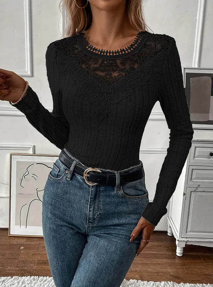 Women's Lace Panel Ribbed Long Sleeve Top