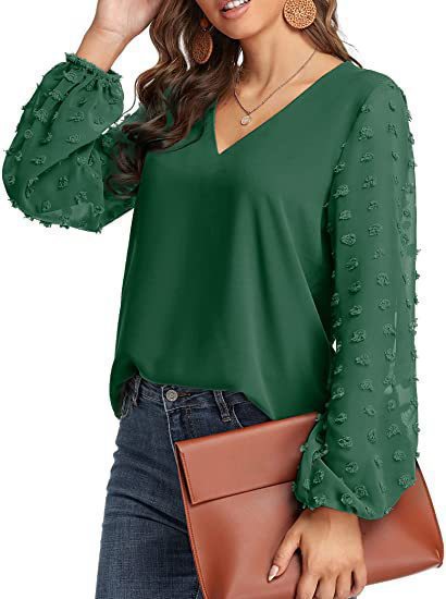 Women's V-Neck Chiffon Blouse Textured Puff Sleeve Top