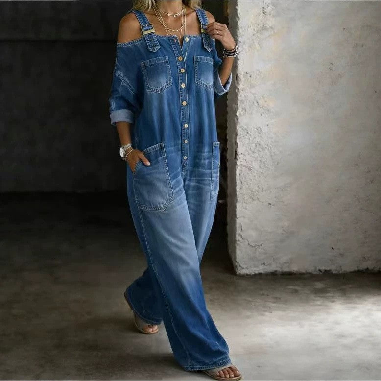 Women Off Shoulder Wide Leg Denim Jumpsuit