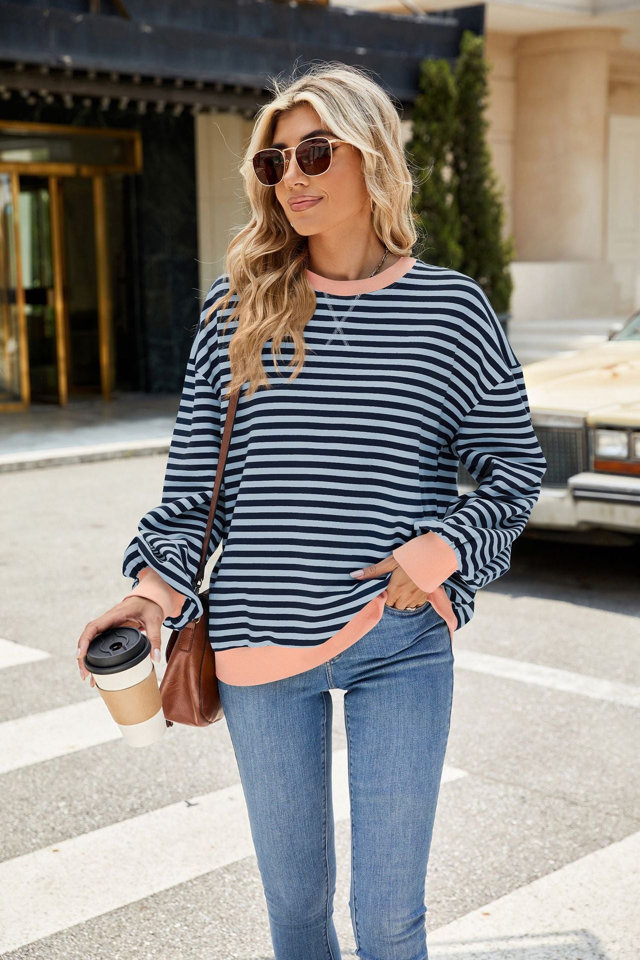 Striped Color Block Crew Neck Loose Fit Long Sleeve Sweatshirt