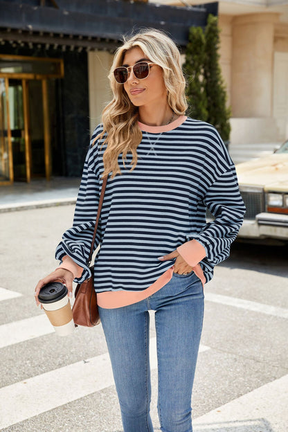 Striped Color Block Crew Neck Loose Fit Long Sleeve Sweatshirt