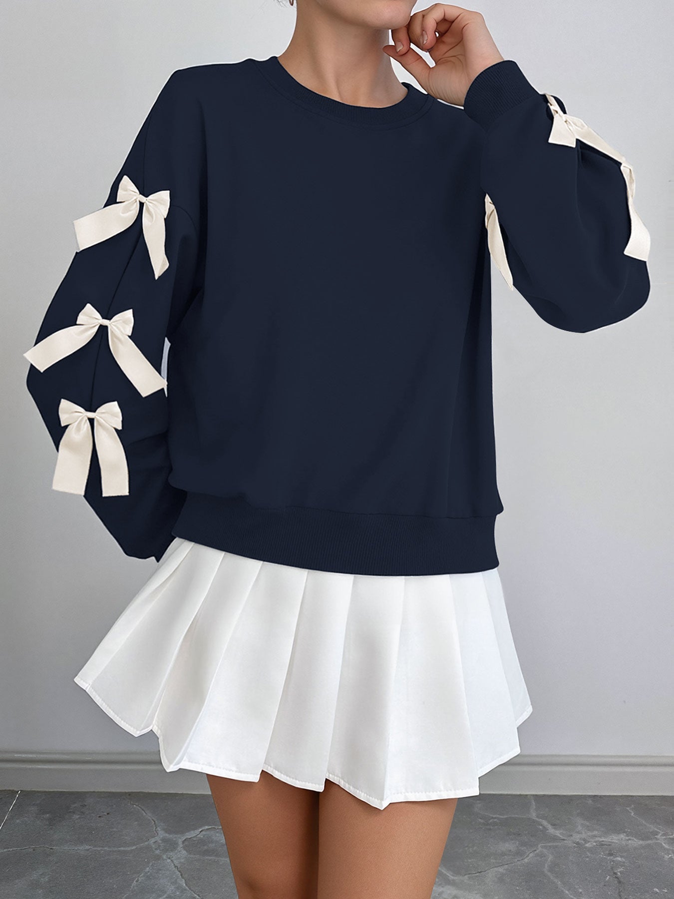 Bow Sleeve Round Neck Long Sleeve Sweatshirt