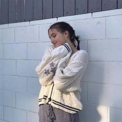 Oversized Chunky Star Embroidered V-Neck Cardigan