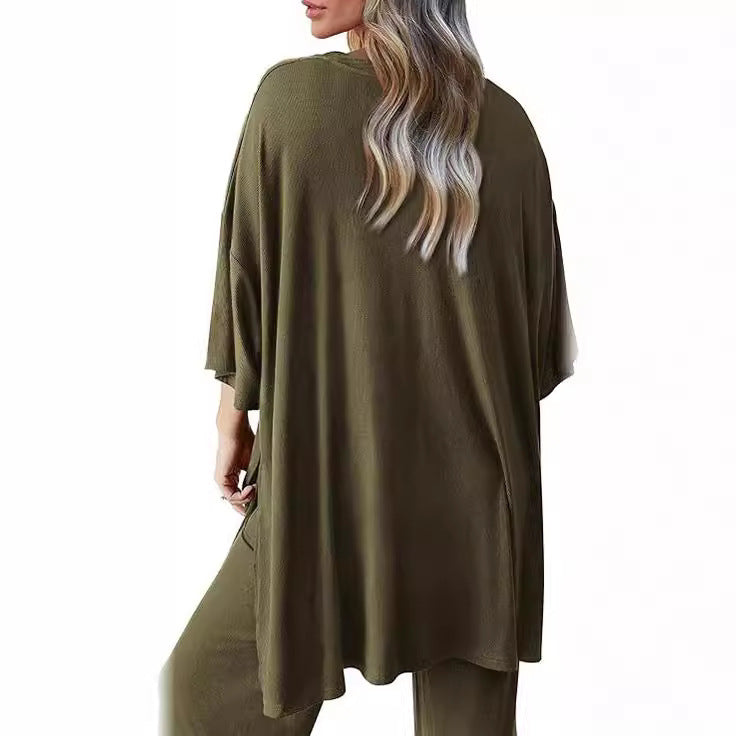 Women's 2 Piece Lounge Set Short Sleeve Top Wide Leg Pants