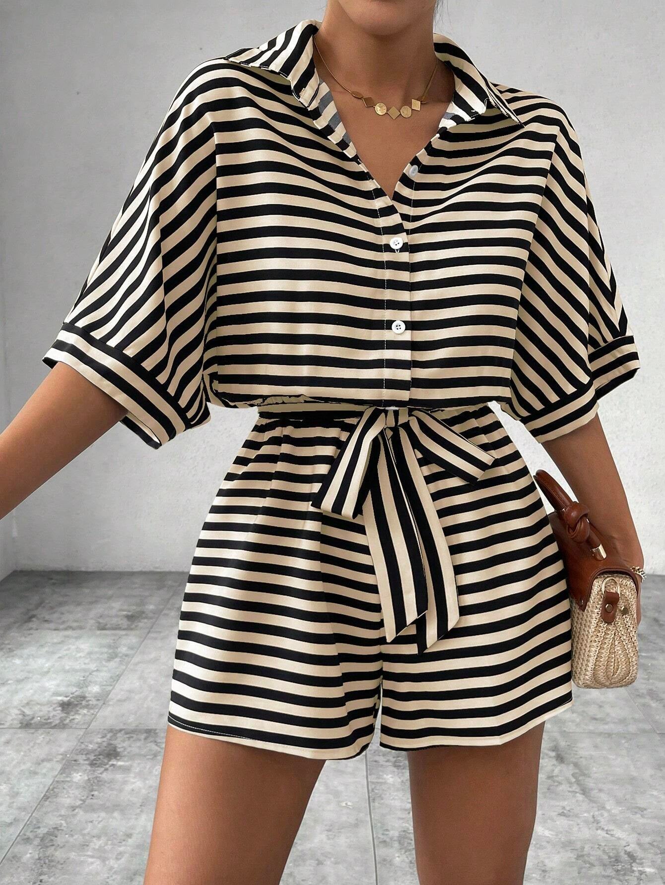 Striped Belted Button Down Romper with Half Sleeves