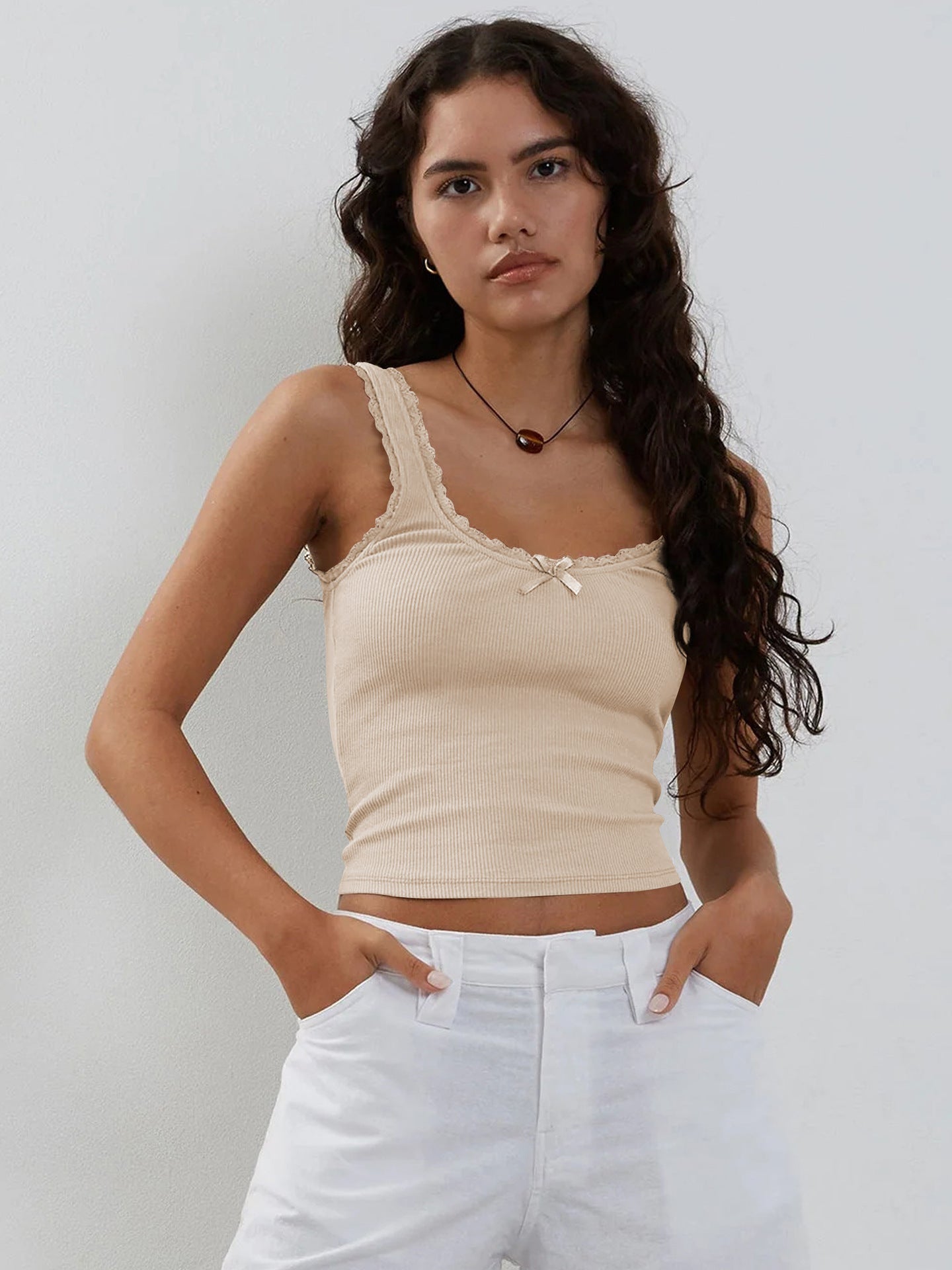 Ribbed Lace Trim Cami Top Slim Fit Cropped Tank