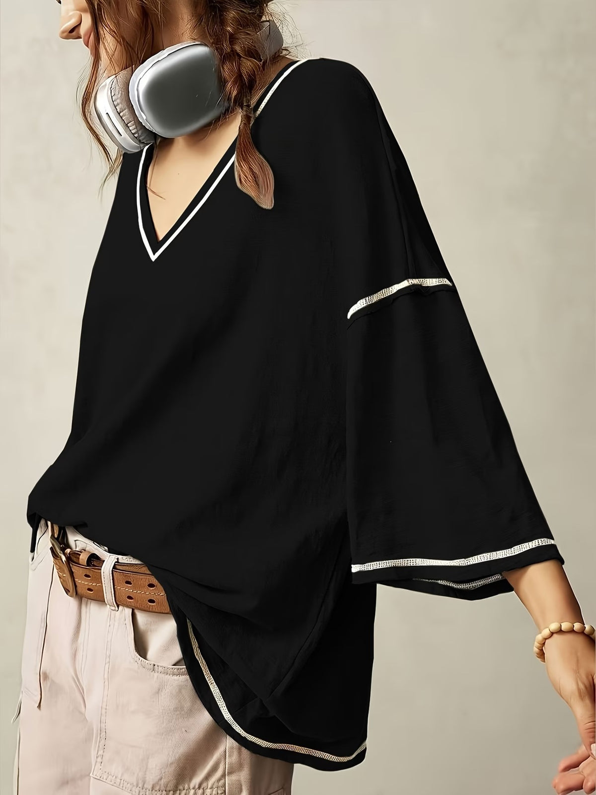 Women's Oversized V-Neck Batwing Sleeve Casual Top