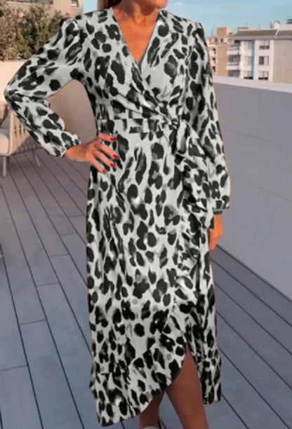Women's Leopard Print Wrap Maxi Dress Long Sleeve V-Neck