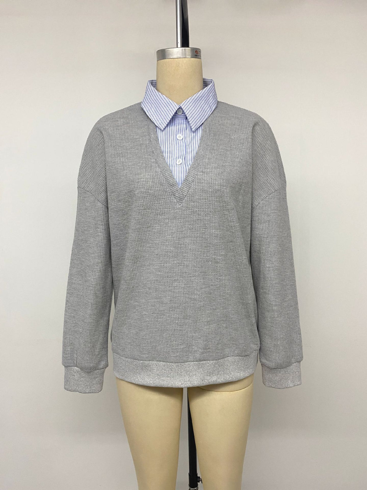 Oversized Waffle Knit Collared Layered Sweatshirt Pullover