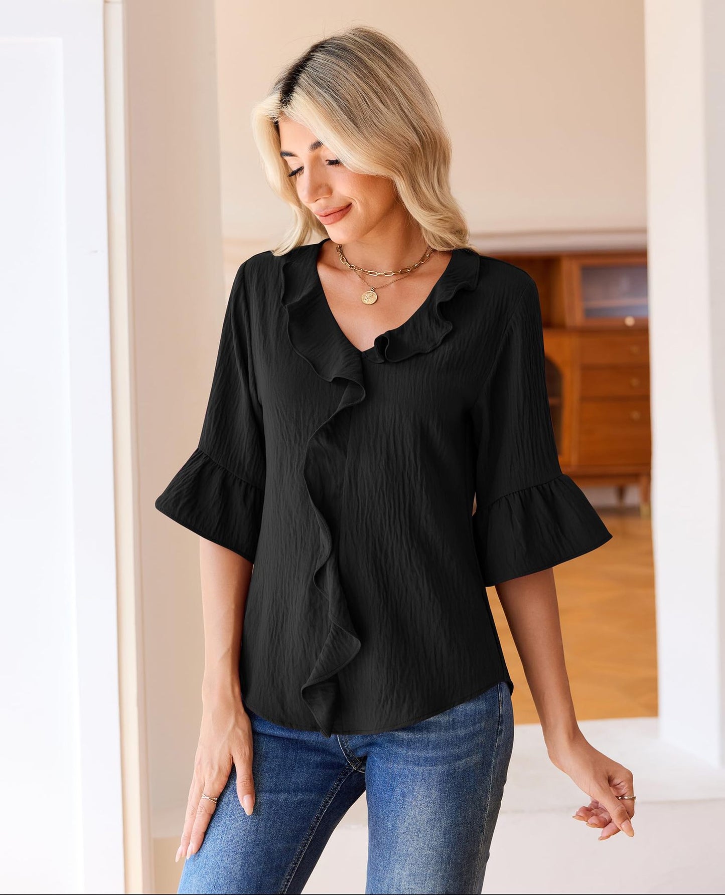 Ruffle V Neck 3/4 Sleeve Textured Blouse Top
