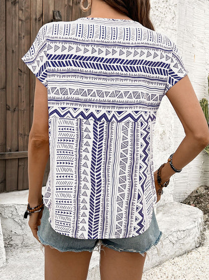 Geometric Print Polyester Short Sleeve Round Neck Top