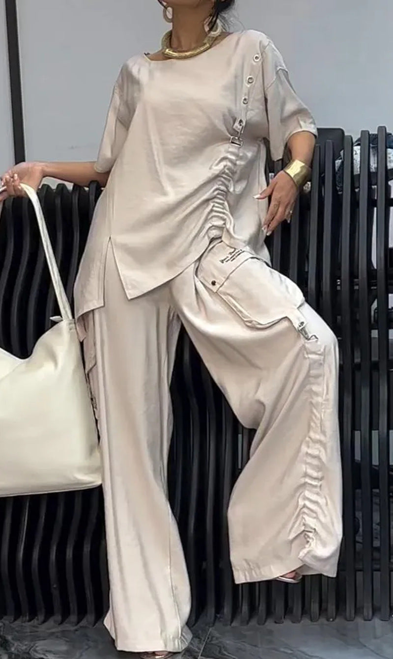 Women's Two Piece Lounge Set Wide Leg Pants Pockets