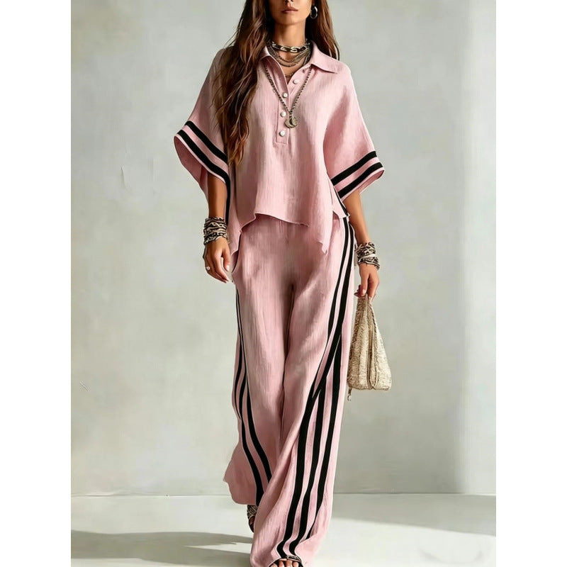 Women's Striped Oversized Shirt Wide Leg Pants 2 Piece Set