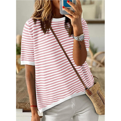Red Stripe Contrast Trim Short Sleeve Knit Tee