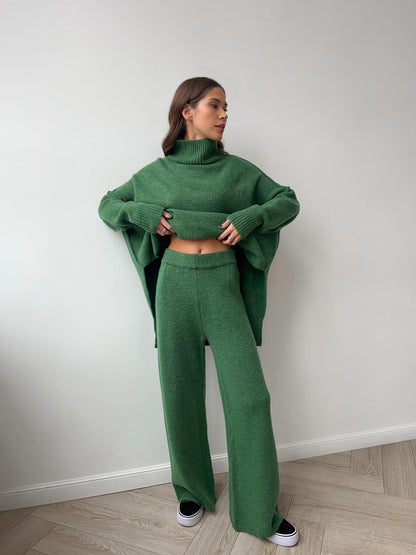 Knit Turtleneck Lounge Set with Wide Leg Pants