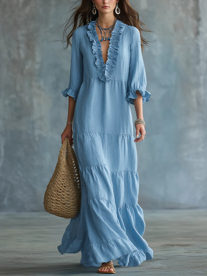 Women's Boho Tiered Ruffle Maxi Dress V-Neck 3/4 Sleeve