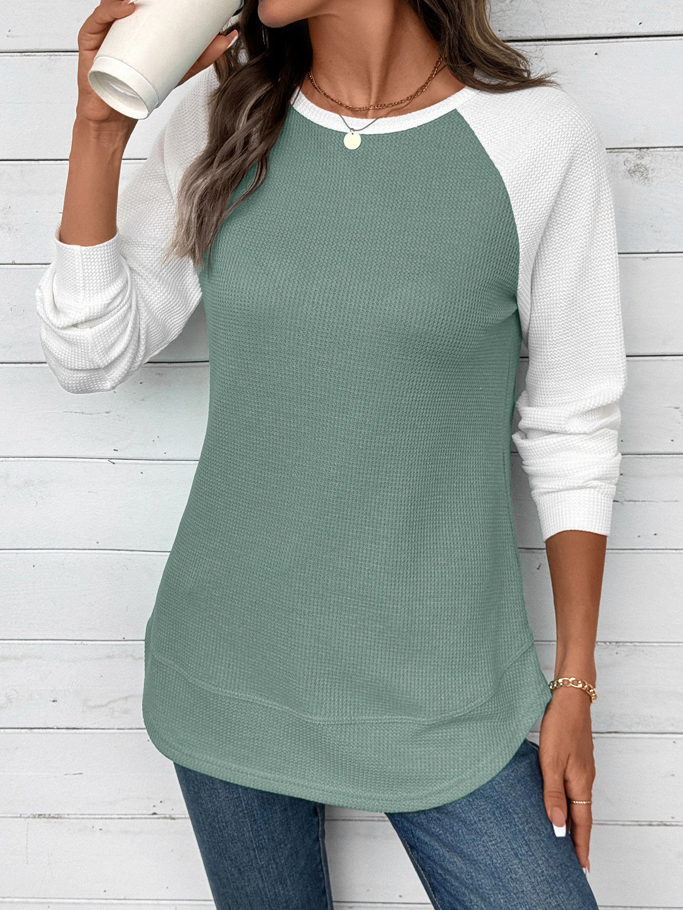 Colorblock Waffle Knit Long Sleeve Top Women Casual Tee