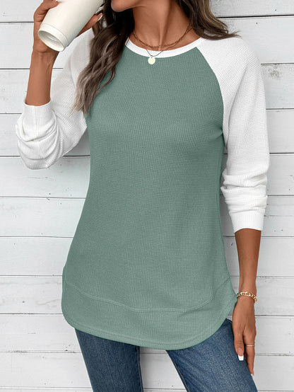Colorblock Waffle Knit Long Sleeve Top Women Casual Tee