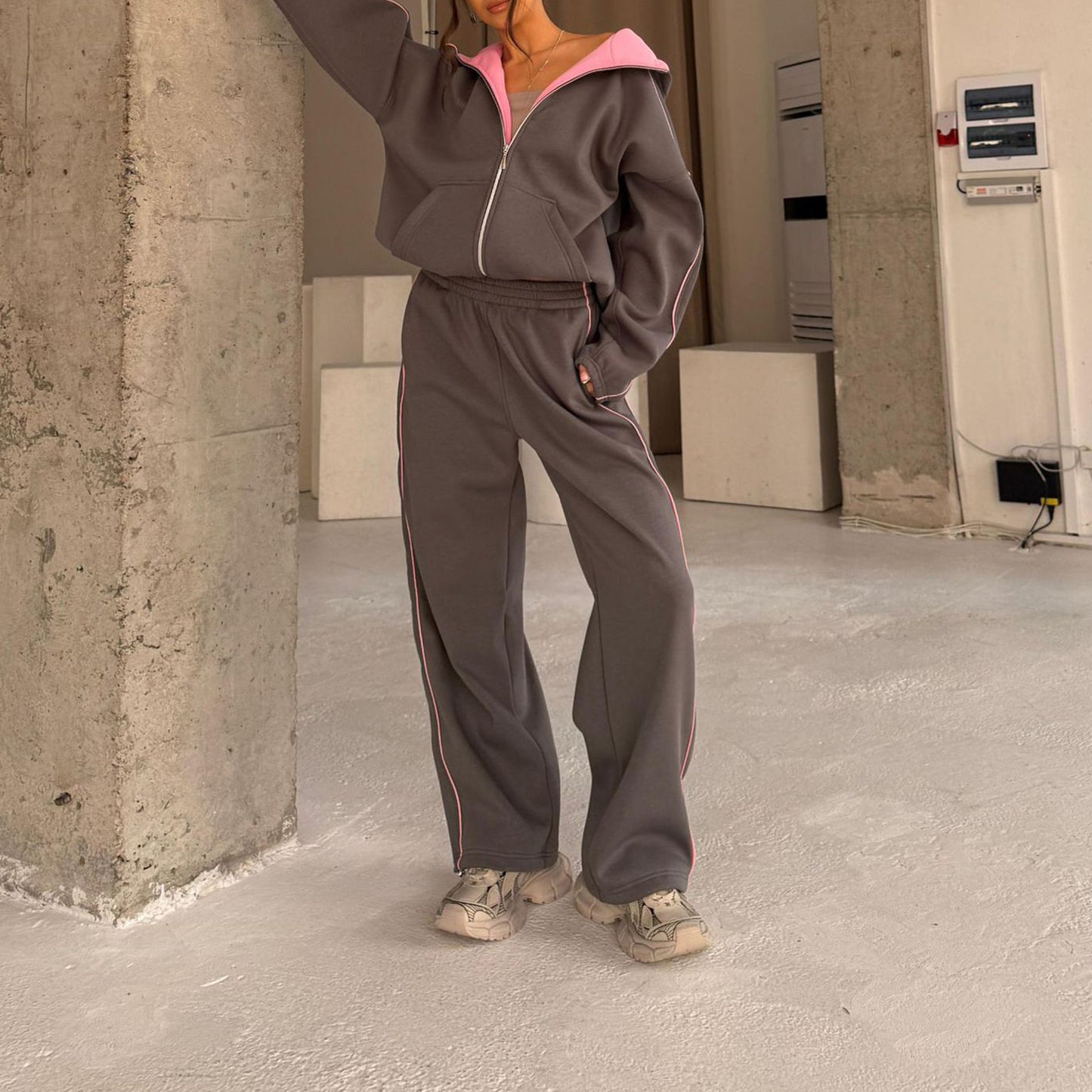 Color Block Zip Up Hoodie Wide Leg Pants Two Piece Set