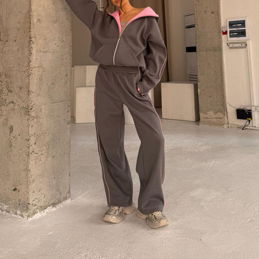 Color Block Zip Up Hoodie Wide Leg Pants Two Piece Set