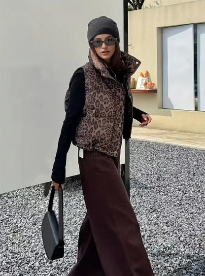 Women's Leopard Print Cropped Puffer Vest Streetwear