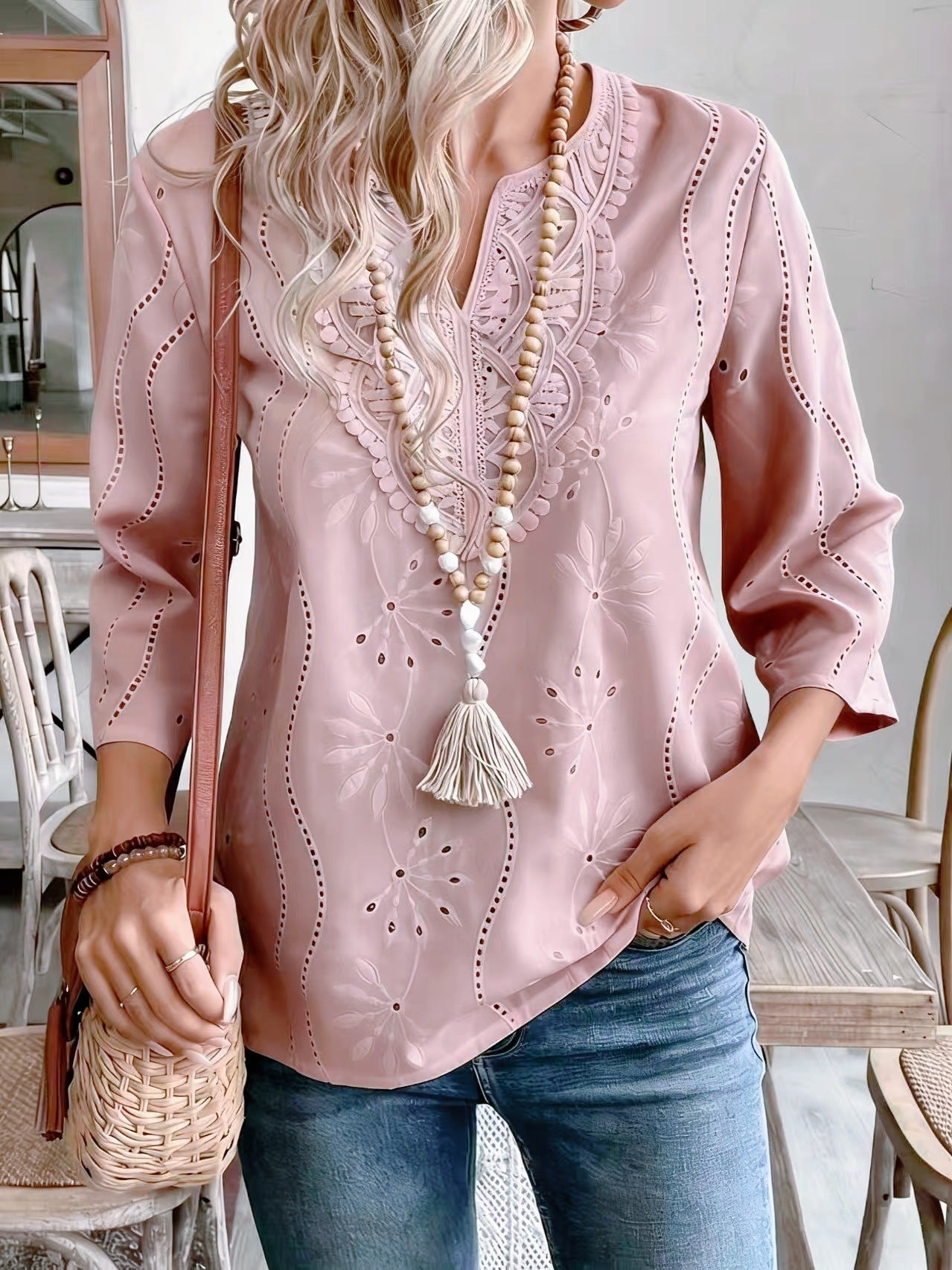 Women's Embroidered Eyelet V-Neck Bell Sleeve Blouse