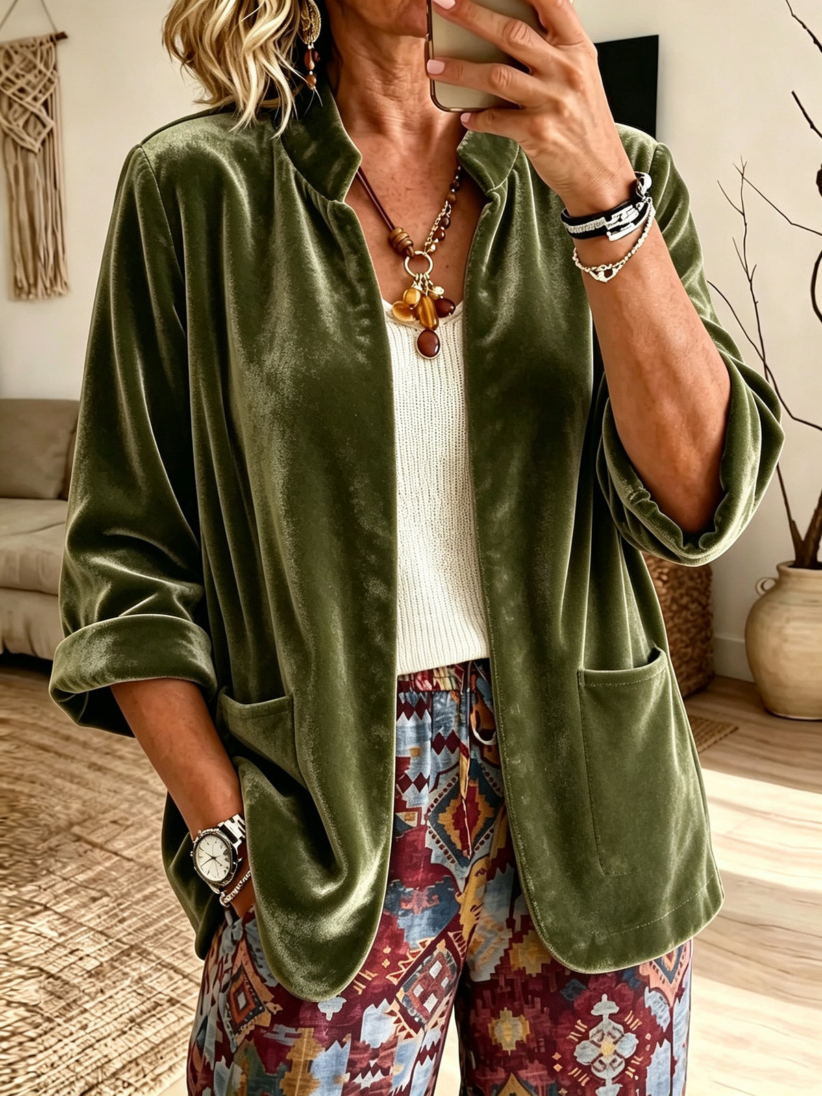 Women's Velvet Blazer Open Front Long Sleeve Pockets