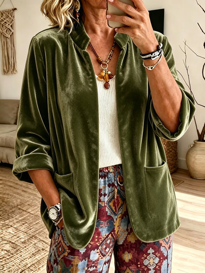 Women's Velvet Blazer Open Front Long Sleeve Pockets