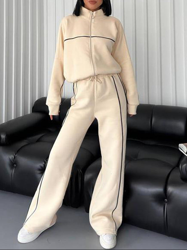 Womens Two Piece Striped Zip Up Sweatshirt Pants Set