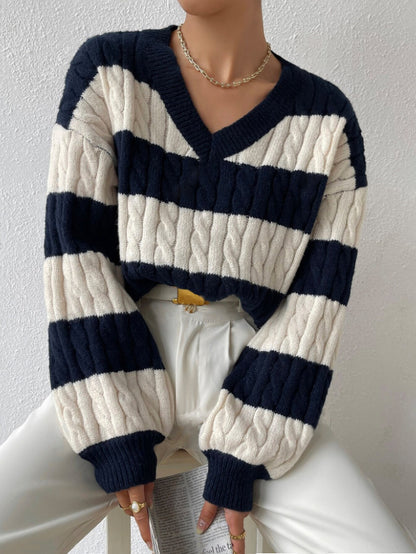 Oversized V-Neck Cable Knit Striped Pullover Sweater