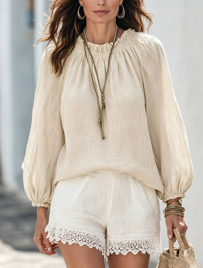 Women's Balloon Sleeve Blouse Solid Casual Boho Top