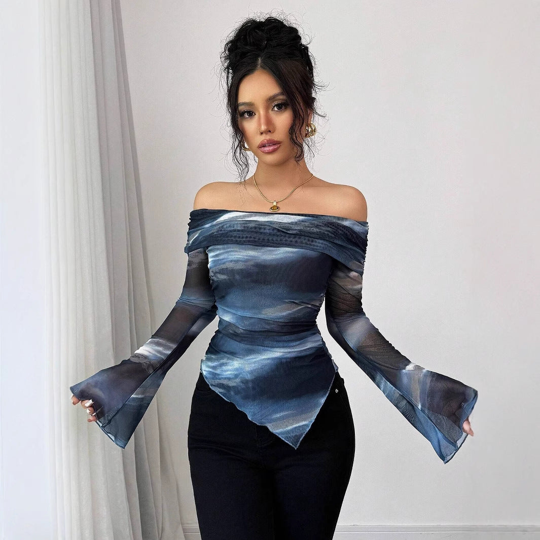 Off-Shoulder Mesh Knit Printed Slim Fit Long Sleeve Top